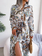 Retro Floral Stand Collar Belted Shirt Dress Long Skirt Women's Fashion Full Sleeve Regular Waistline Ankle-Length
