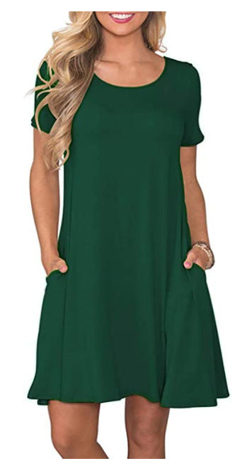 New Women's Round-neck Solid-color Casual Short-sleeve Swing Dress With Pockets