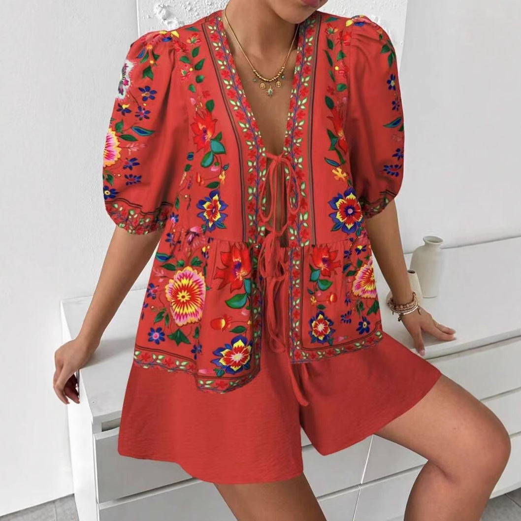 Women's Floral-print Cardigan With Tie-front Short-sleeve Top And Shorts Set