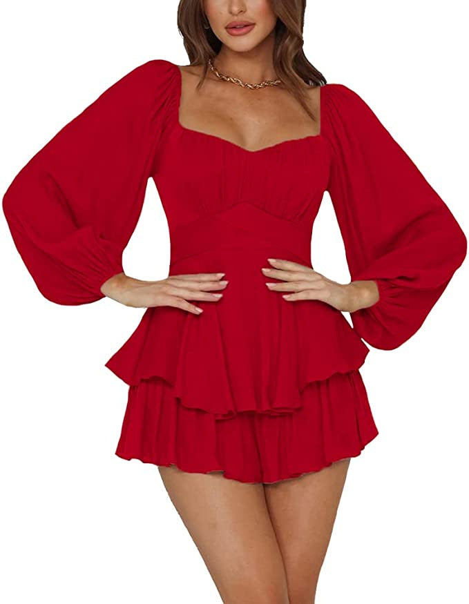 Ruffled Jumpsuit Women's Summer Lantern Long Sleeve Casual Culotte