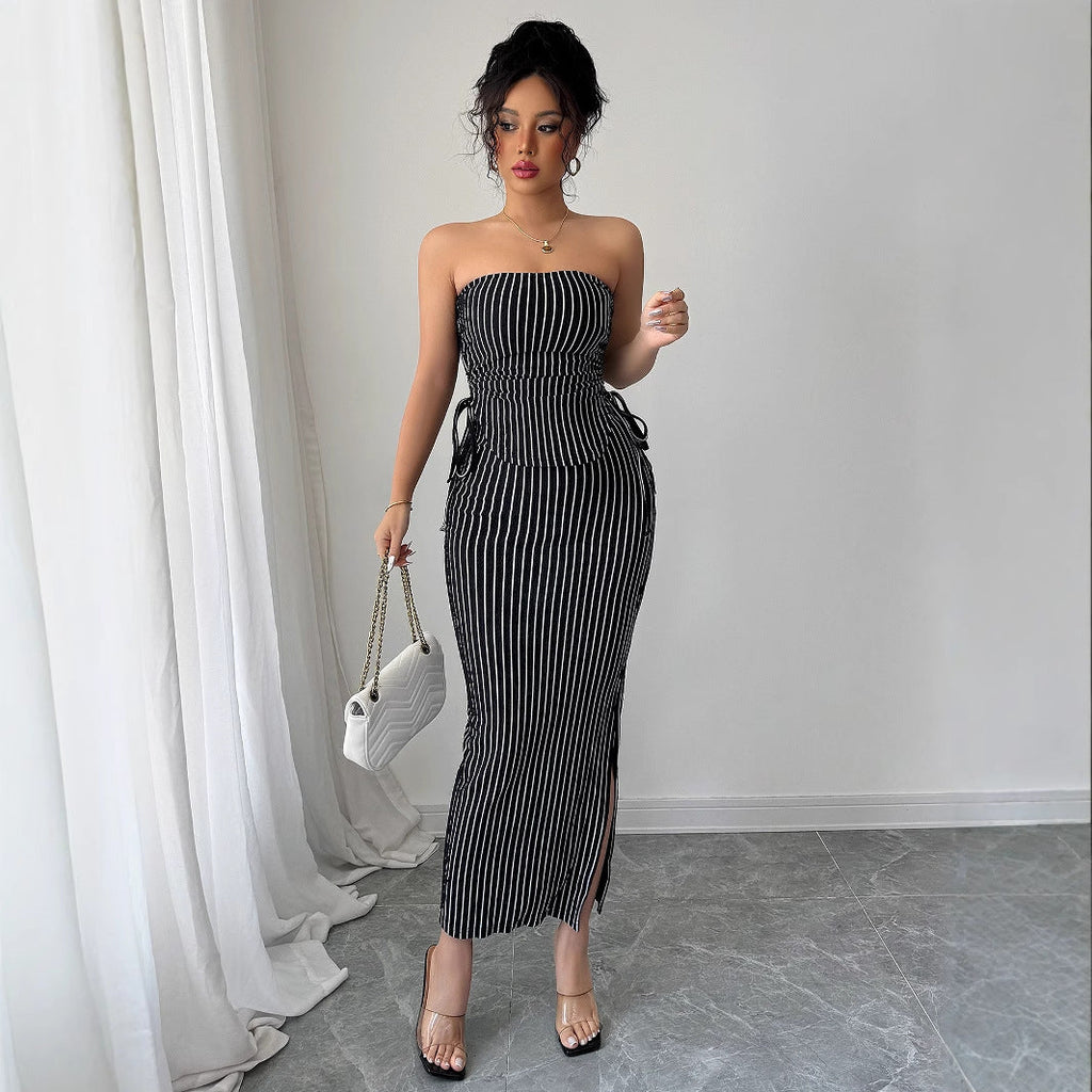 Women's Casual Striped Strapless Tube Top And Sheath Skirt Set