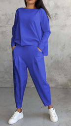 Women's Irregular Suit Long-sleeved Round Neck Top And Loose Harem Pants With Pockets Ins Fashion Trousers Set Women's Clothing