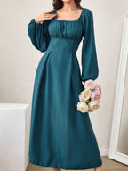 Women's Fashion Square-neck Tie-waist Figure-flattering A-line Dress With Long Sleeves And An Elegant Vibe