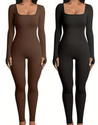 Women's Yoga Sports Fitness Jumpsuit Workout Long Sleeve Square Collar Clothing
