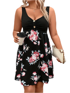 Plus Size Floral Print Patchwork Gathered Tank Dress, Vacation Style Button Front Sleeveless V Neck Dress