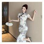 Women's Retro Republic Of China-Style Floral Print Slit Pleated Dress