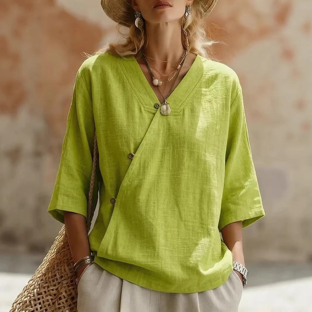 Women's Solid-Colored Cotton-Linen Button-Up Top
