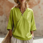Women's Solid-Colored Cotton-Linen Button-Up Top