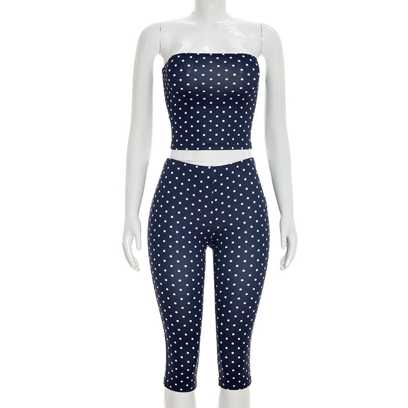 Womens Tube Top Polka Dot Top And Cropped Pants Set