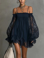 Long-sleeve Slip Dress In Solid Color With A Stretchy Boat Neck And Lace Detailing