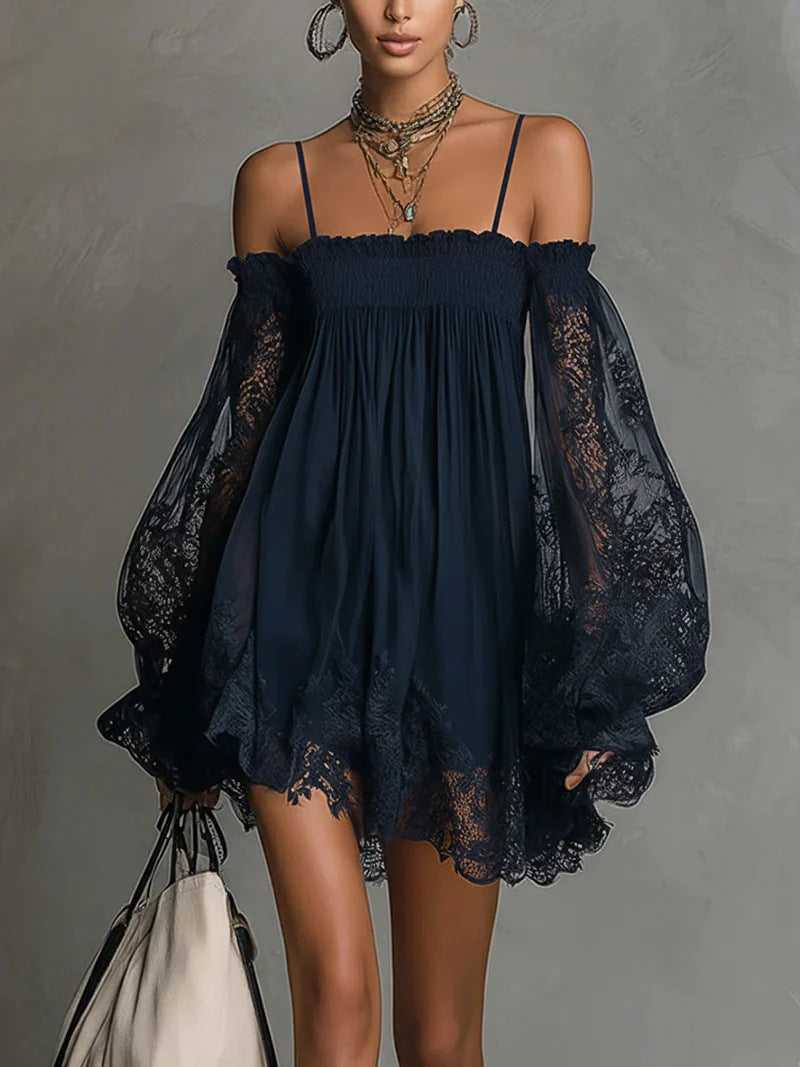 Long-sleeve Slip Dress In Solid Color With A Stretchy Boat Neck And Lace Detailing