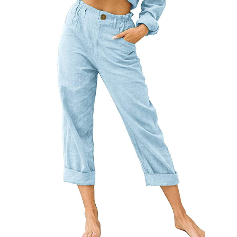 Women's Cotton Linen Patchwork Trousers | High Waist Drawstring Loose Casual Pants | 11 Colours | S–3XL | Michan Direct