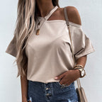 Women's Solid-color Patchwork Off-shoulder Crew-neck Top