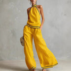 Womens Striped Patchwork Halterneck Sleeveless Wide-Leg Pants Set