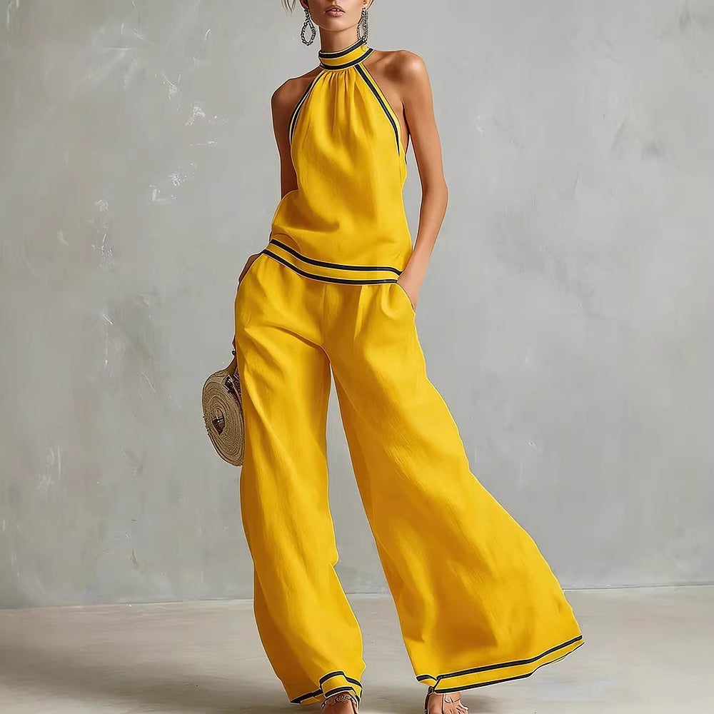 Womens Striped Patchwork Halterneck Sleeveless Wide-Leg Pants Set