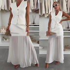 Women's Casual Solid-Colored Skirt And Pleated Long Skirt Set