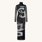 Elegant Mesh Double-layer Printed Crew-neck Long-sleeve Dress