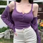 Figure-flattering Long-sleeve Thin Cardigan And Camisole Two-piece Set
