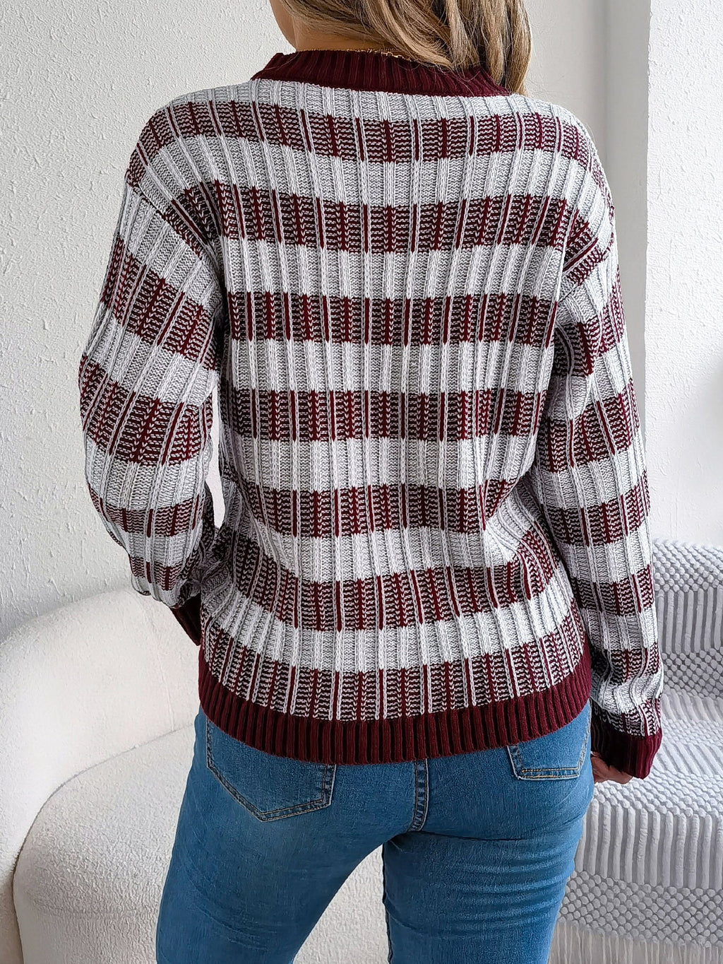 Women Round Neck Retro Stripe Lantern Sleeve Long Sleeve Pullover Sweater