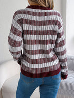 Women Round Neck Retro Stripe Lantern Sleeve Long Sleeve Pullover Sweater