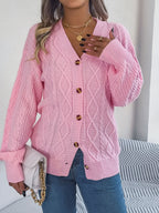 Women Casual V-Neck Lantern Sleeve Cable Knit Button Cardigan Sweater