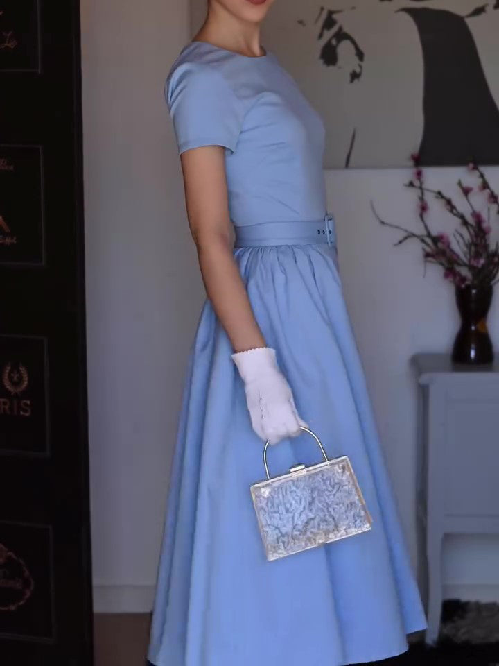Light Blue Elegant Short-sleeved Belt Dress Two-piece Set