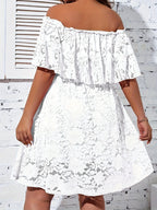 Women's Bohemian Off-Shoulder Lace Dress - Summer Vacation Beach Dress with Ruffled Short Sleeves & High-Low Hem