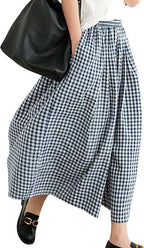 High-waisted Cotton-linen Plaid Wide-leg Pantskirt Loose-fitting Casual Trousers Elegant Style