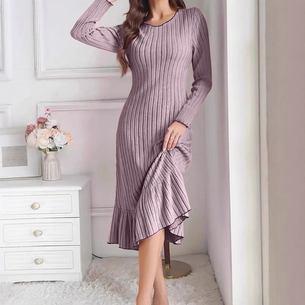 Women's Fashion Solid Color Ruffle Sleeve Long Dress