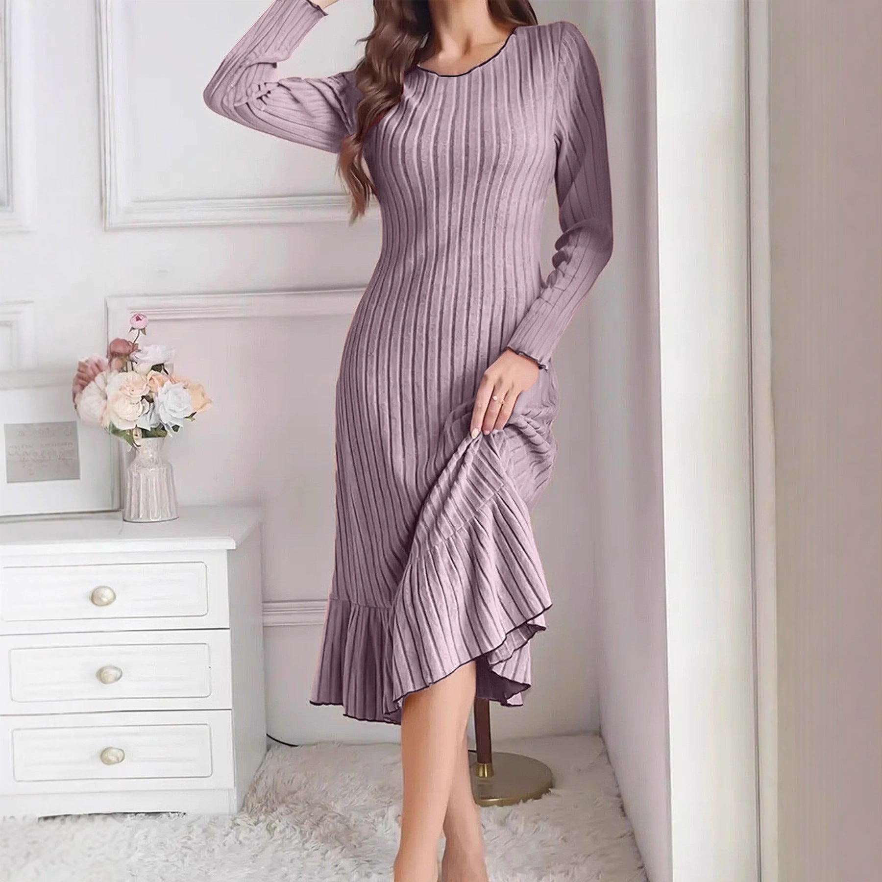 Women's Fashion Solid Color Ruffle Sleeve Long Dress