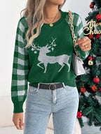 Women Casual Plaid Deer Long Sleeve Pullover Sweater Christmas Edition