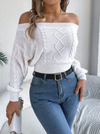 Women Casual Solid Color Off-Shoulder V-Neck Long Sleeve Pullover Sweater