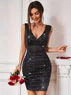 Vibrant V-neck Bodycon Cocktail Dress With Elegant Sleeves
