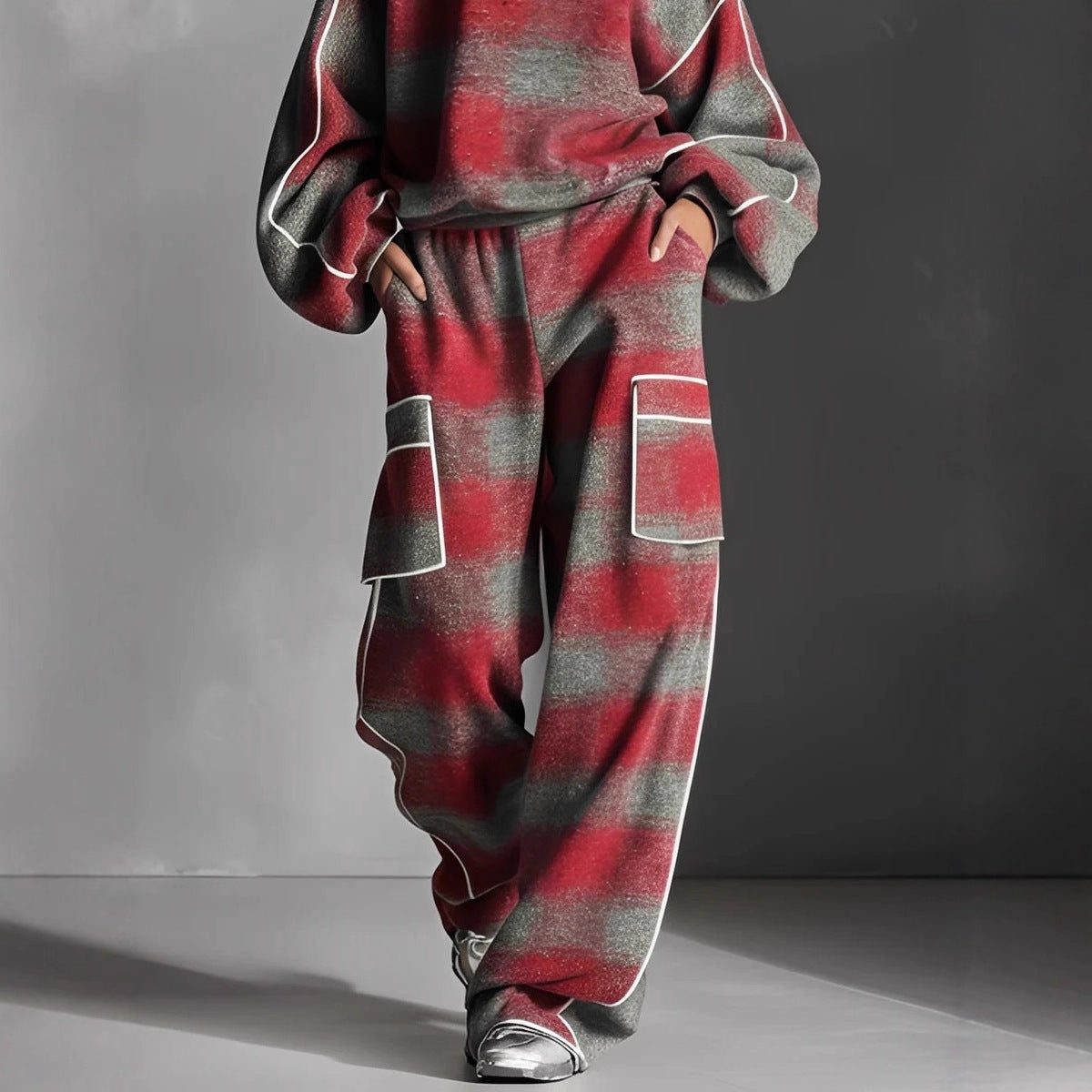 Women's Independent Brand Street Style Distressed Plaid Pantsuit With Contrasting Piping