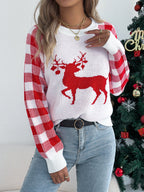 Women Casual Plaid Deer Long Sleeve Pullover Sweater Christmas Edition