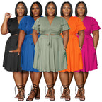 Women's New Arrival Ruffled Sleeve Lace-up Short Skirt With Pockets V-neck Plus-size Skirt Set