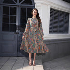 V-neck Smocking Waist-tight Long Printed Dress