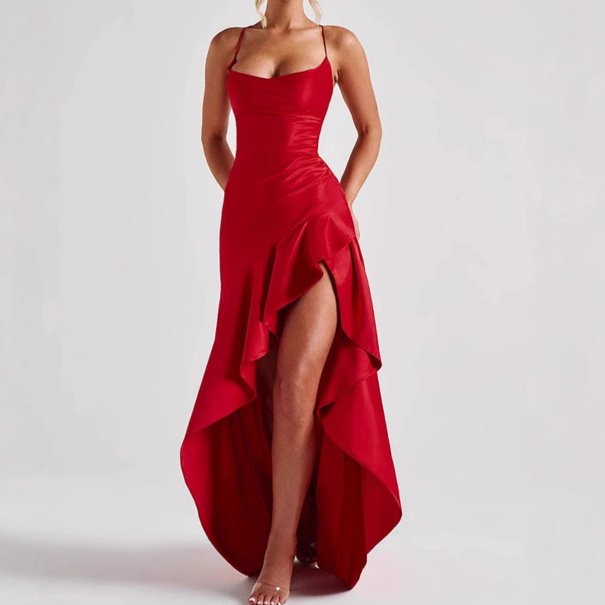 Women's Backless Ruffles Irregular Dress Summer Fashion Evening Party Club Split Suspender Maxi Dresses Clothing