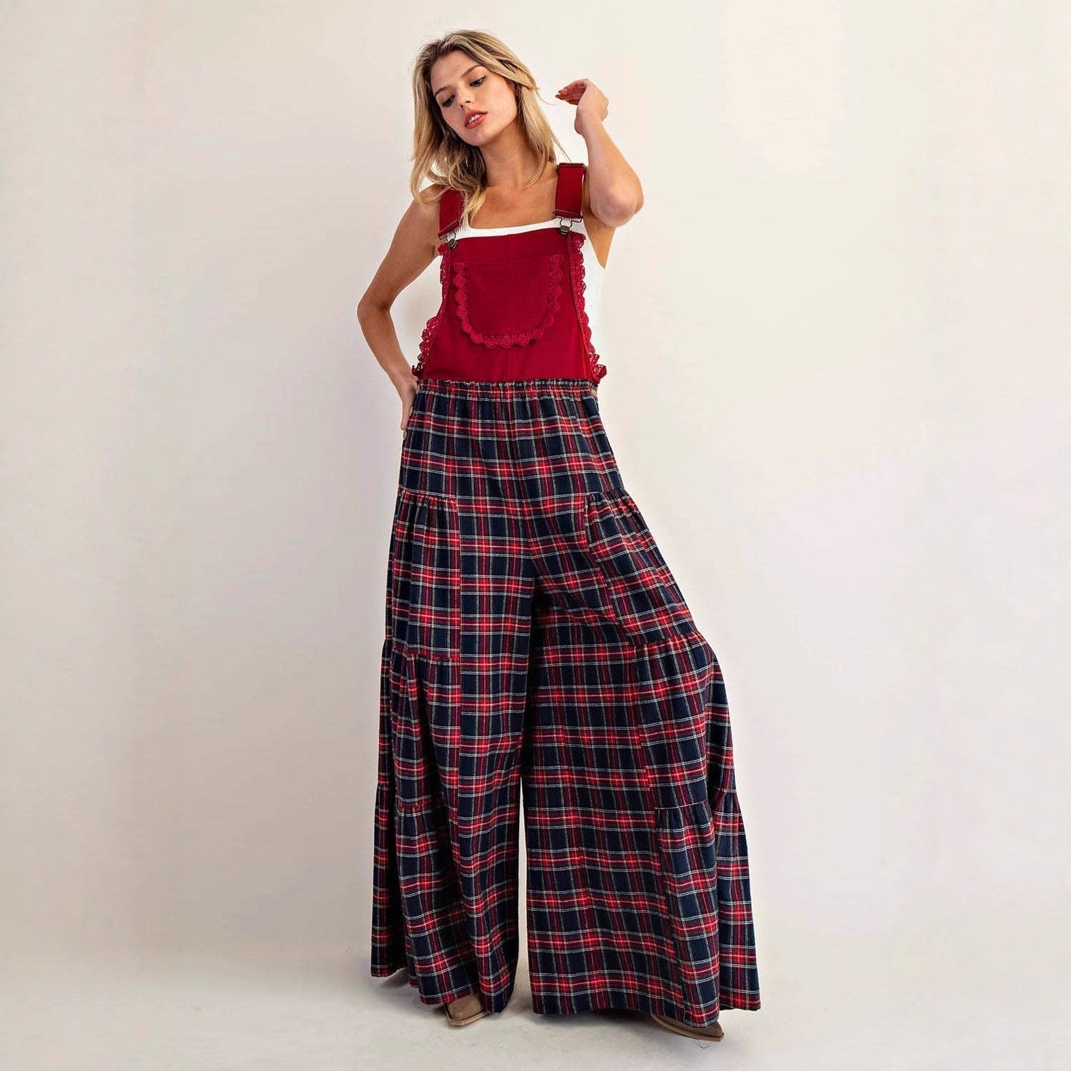 Women's Fashionable Loose-fit Slimming Plaid Overalls Pants