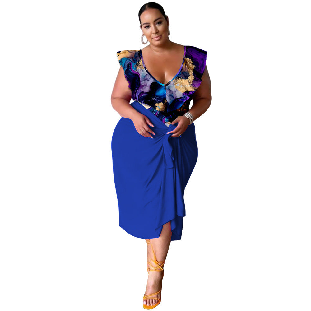 New Stylish Casual V-neck Printed Jumpsuit Printed Skirt Plus-size Two-piece Set