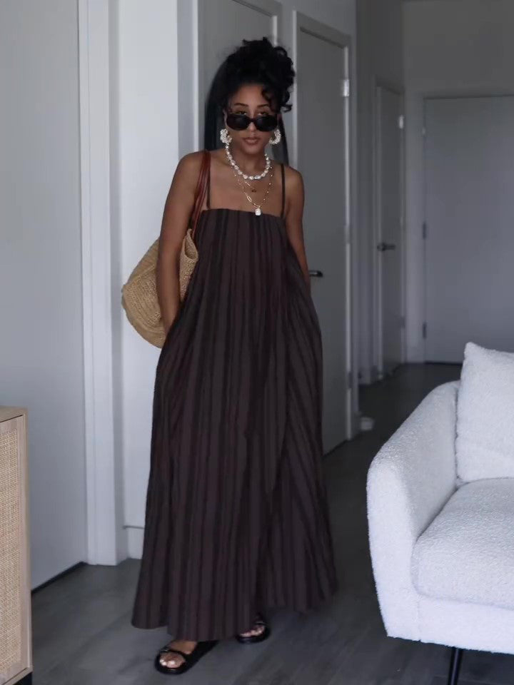 Brown Striped Suspender Pocket Loose Dress