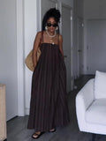 Brown Striped Suspender Pocket Loose Dress