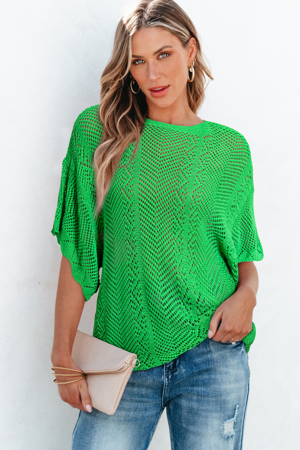 Green Pointelle Knit Scallop Trim Blouse Women UK