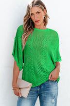 Green Pointelle Knit Scallop Trim Blouse Women UK