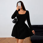 Elegant Square-neck Dress With A High-waisted Designer-style Wine-red Hue