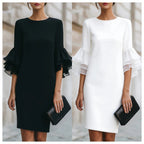 Womens Solid-Colored Ruffle-Trim Flared-Sleeve Slim-Fit Dress
