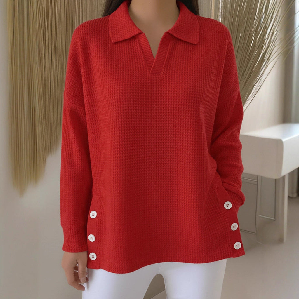 Women's Solid-Color Lapel Pullover Long-Sleeve Top