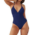 Women's V-neck Backless Solid Color Swimsuit