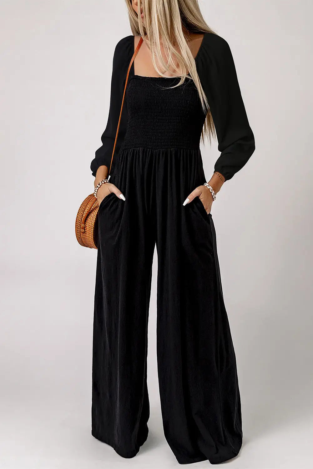 Smocked Square Neck Wide Leg Jumpsuit Women UK
