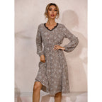 Spring And Summer New Lace V-neck Leopard Print Long-sleeved Mid-length Waist Dress Women